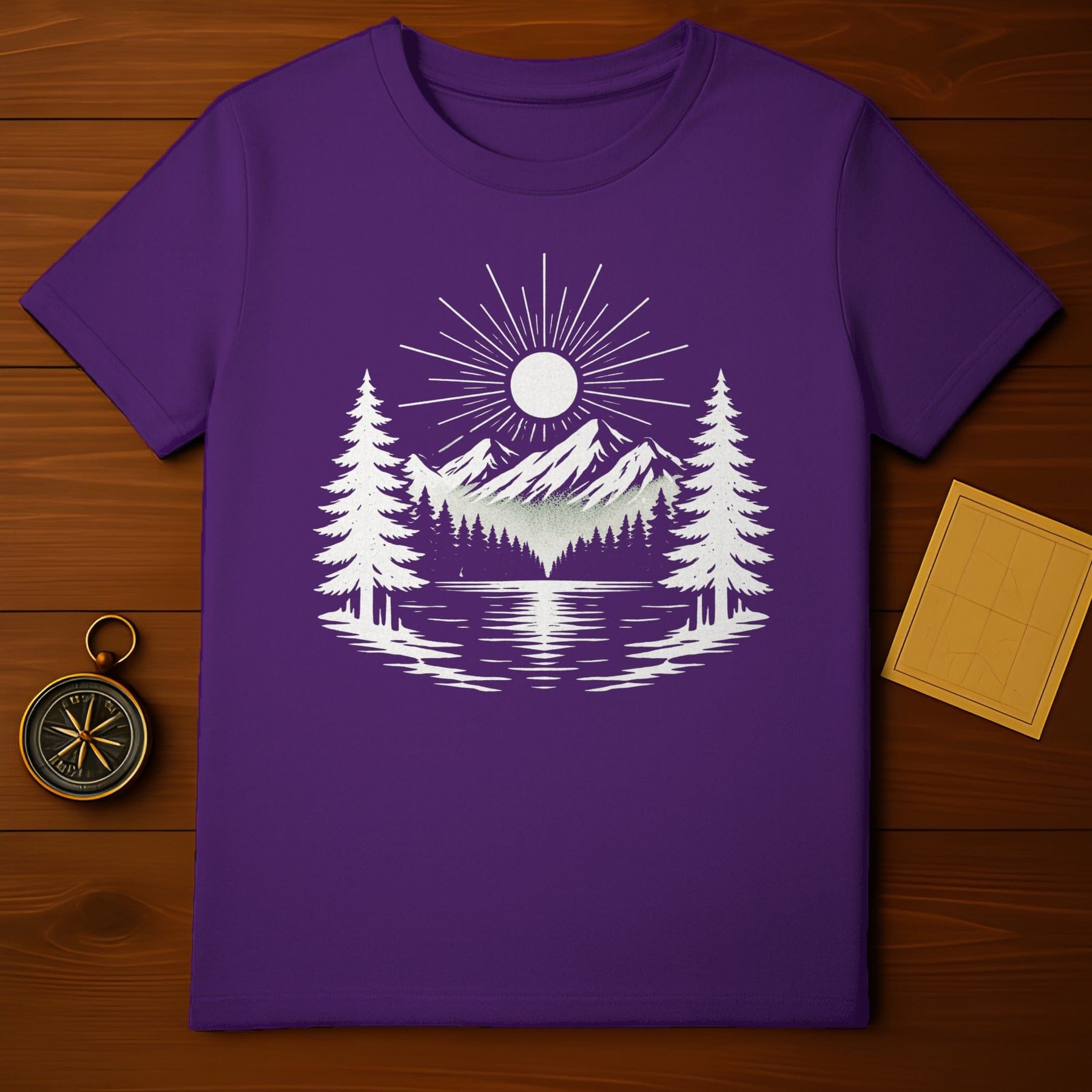 Purple T-Shirt with Mountain and Sun Design