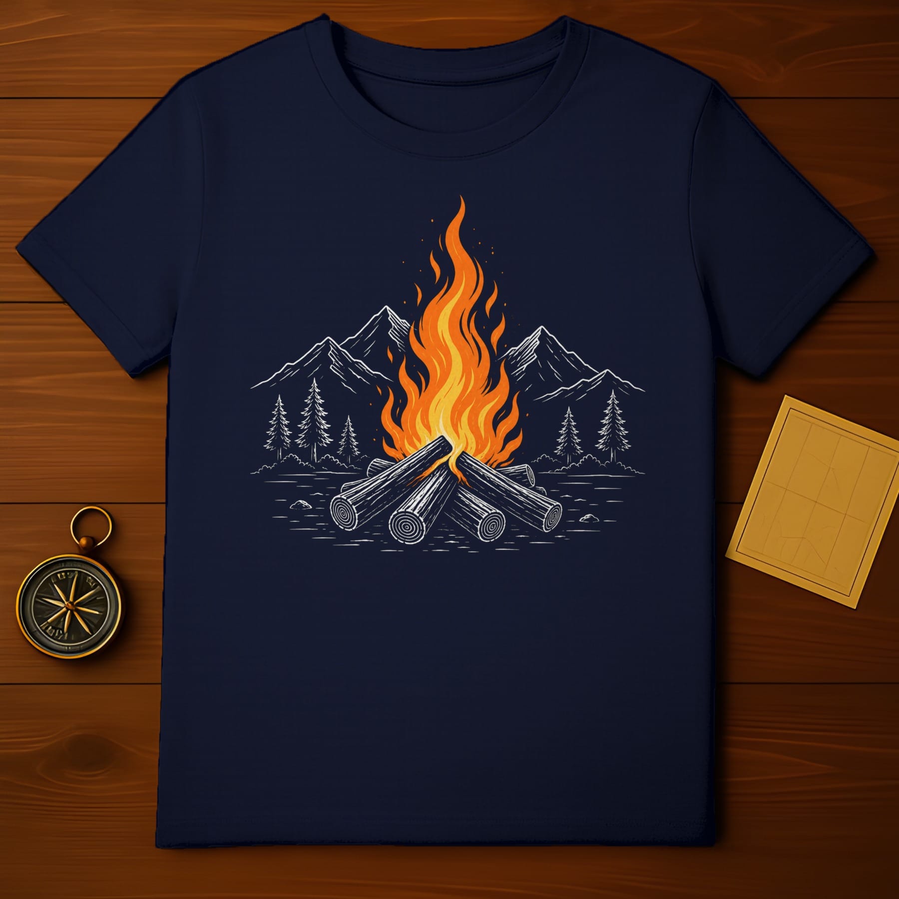 Navy t-shirt with a campfire and mountain scene illustration.