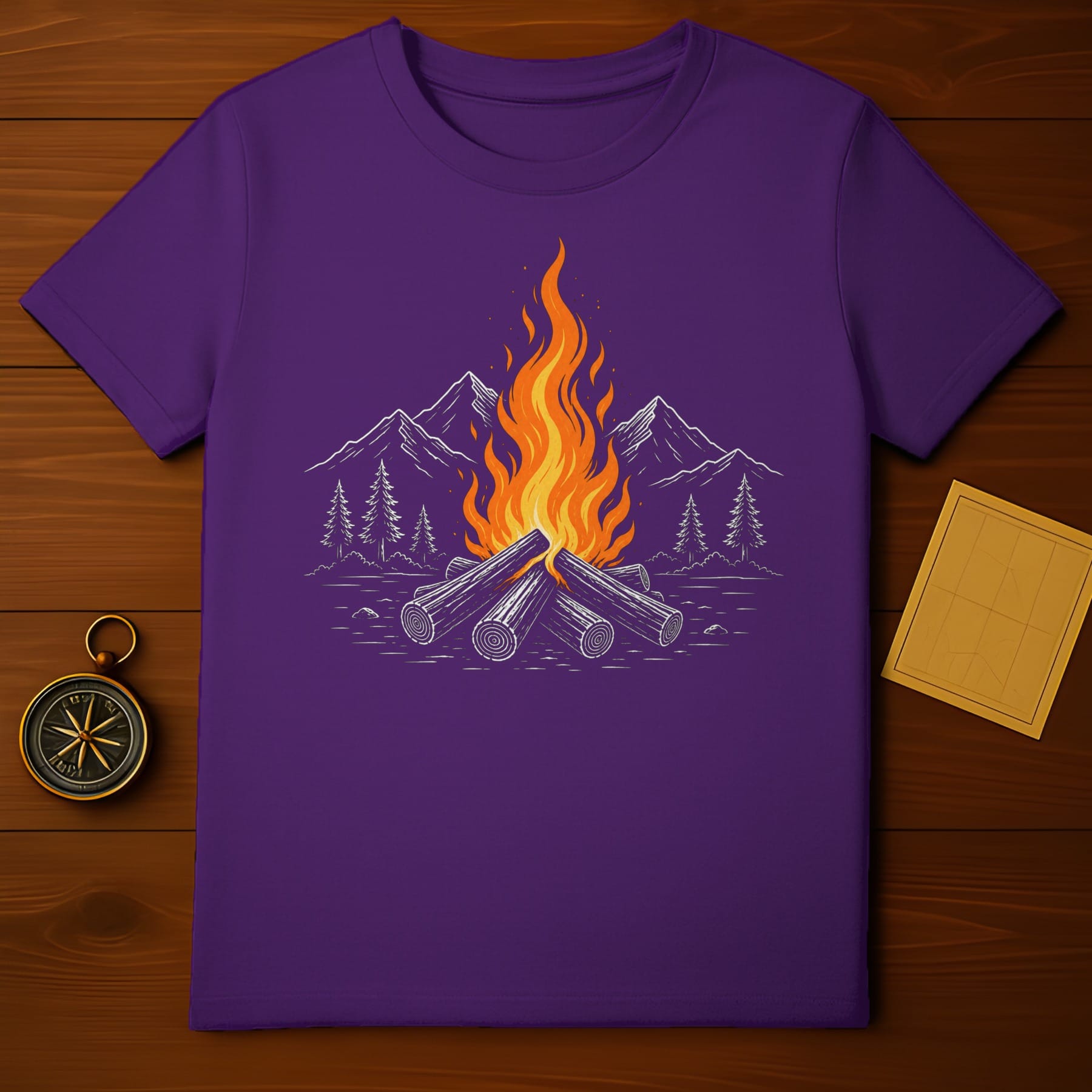Purple t-shirt with campfire and mountain illustration.