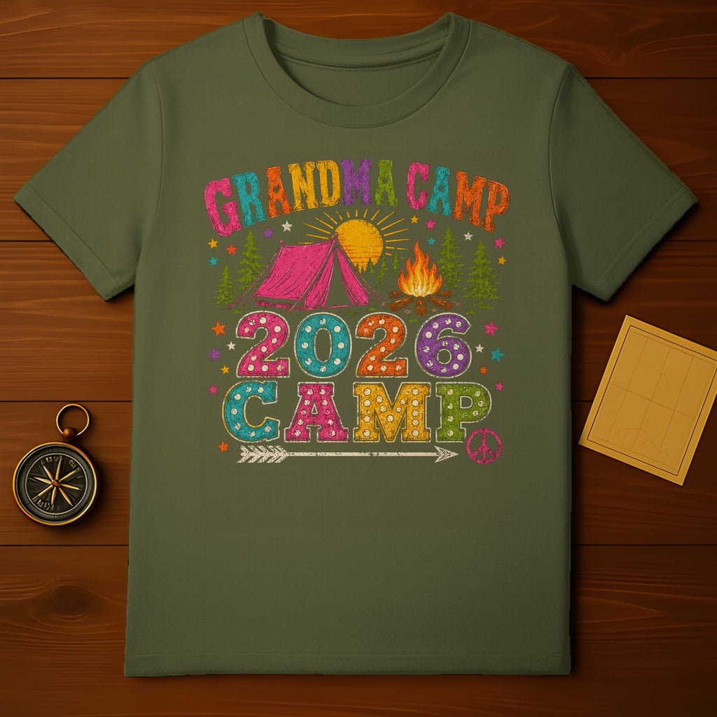 Grandma Camp 2026 text with camping graphics and colorful letters.