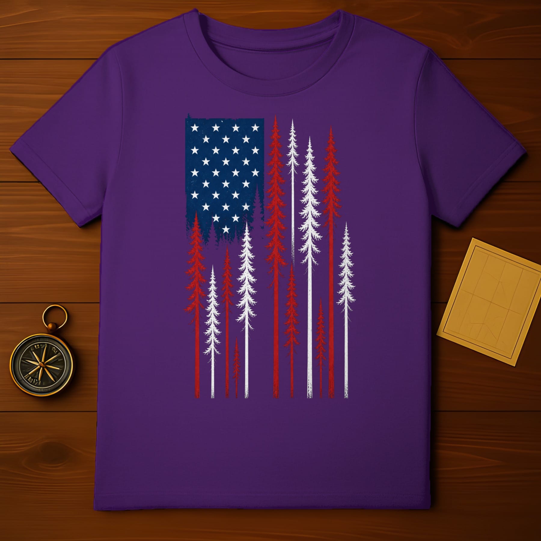 Purple t-shirt featuring an American flag design with trees.