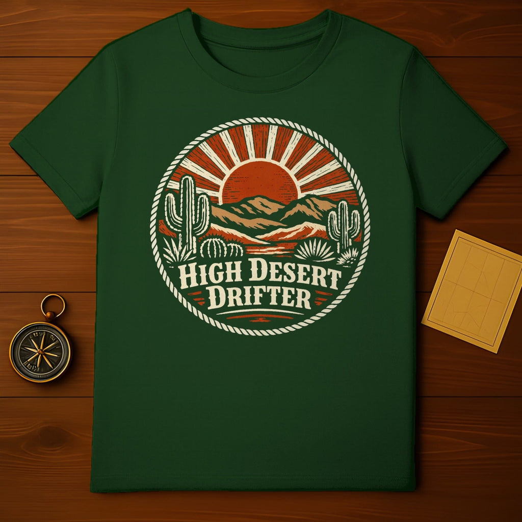 High Desert Drifter Desert Sun Cactus Mountains product type
High Desert Drifter, Desert Sun, Cactus Mountains, Desert Landscape, Retro Desert, Vintage Desert, Wanderer, Adventure, Southwest Style, Road Trip, Nature Lover, Outdoor Explore, Saguaro Cactus, Desert Sunset, Graphic Tee, Dark Green Shirt, Western Vibe, Indie Apparel, Unique Design, Outdoorsman