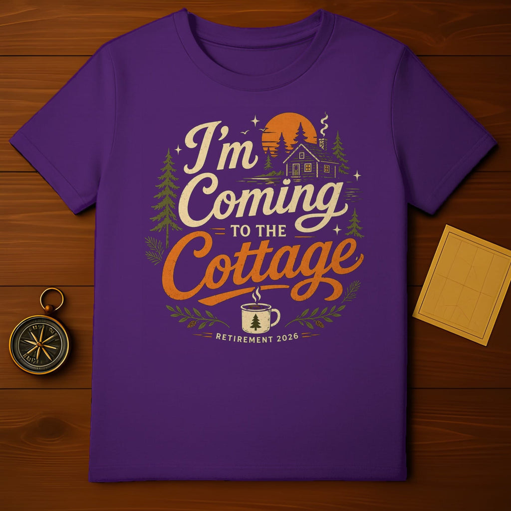 Purple t-shirt with "I'm Coming to the Cottage Retirement 2026" graphic.