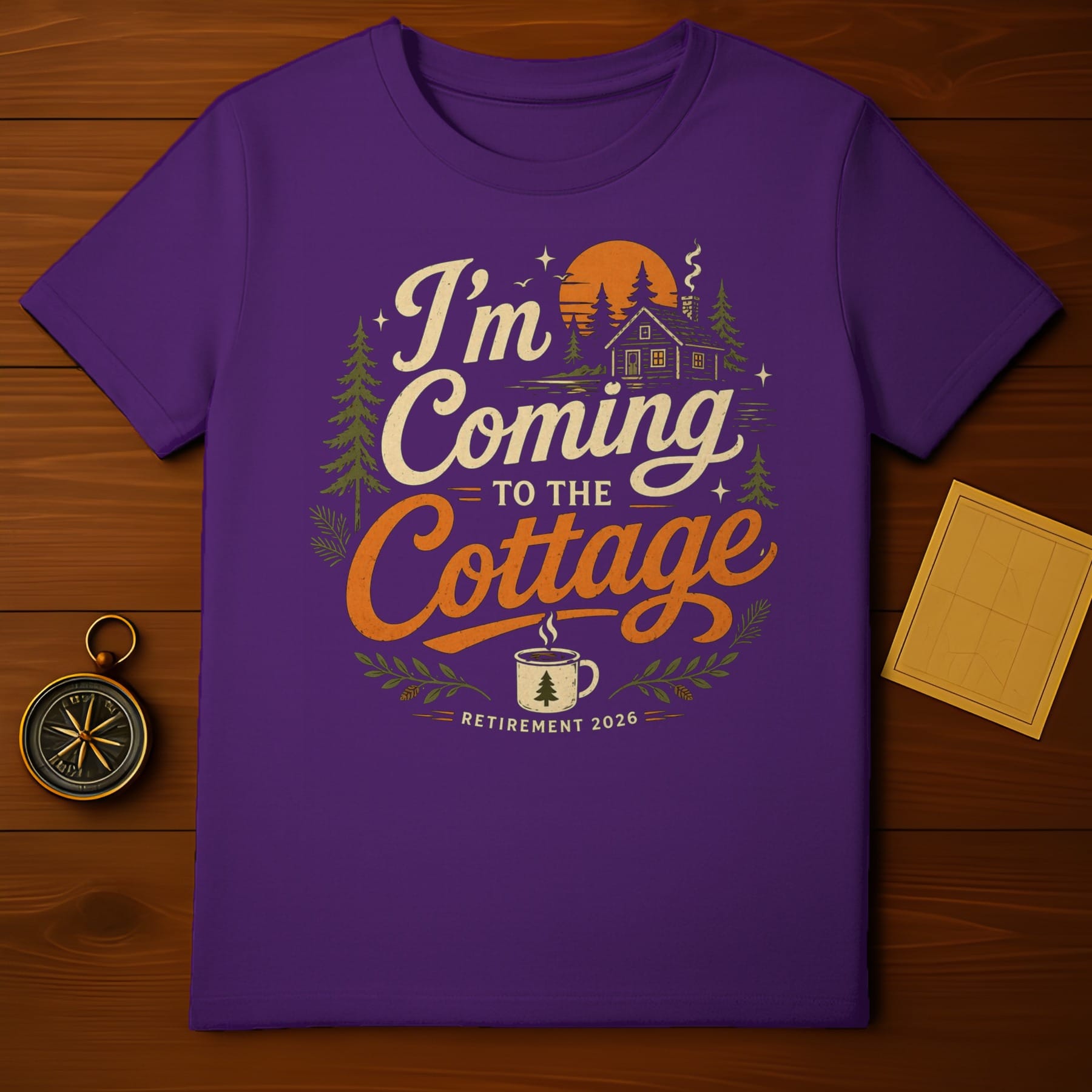 Purple t-shirt with "I'm Coming to the Cottage Retirement 2026" graphic.