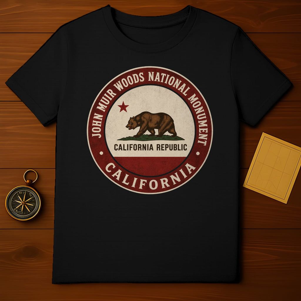 Black t-shirt with John Muir Woods California Republic circular logo.
