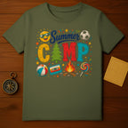 Green t-shirt with "Summer Camp" lettering and camping icons.