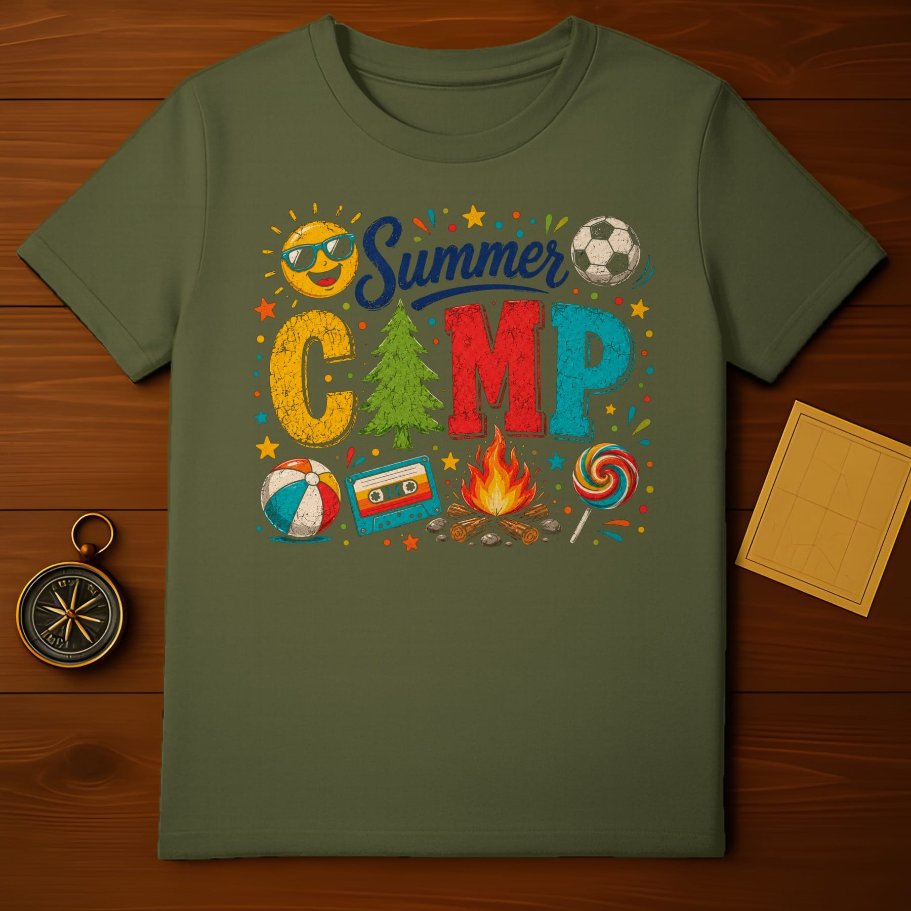Green t-shirt with "Summer Camp" lettering and camping icons.