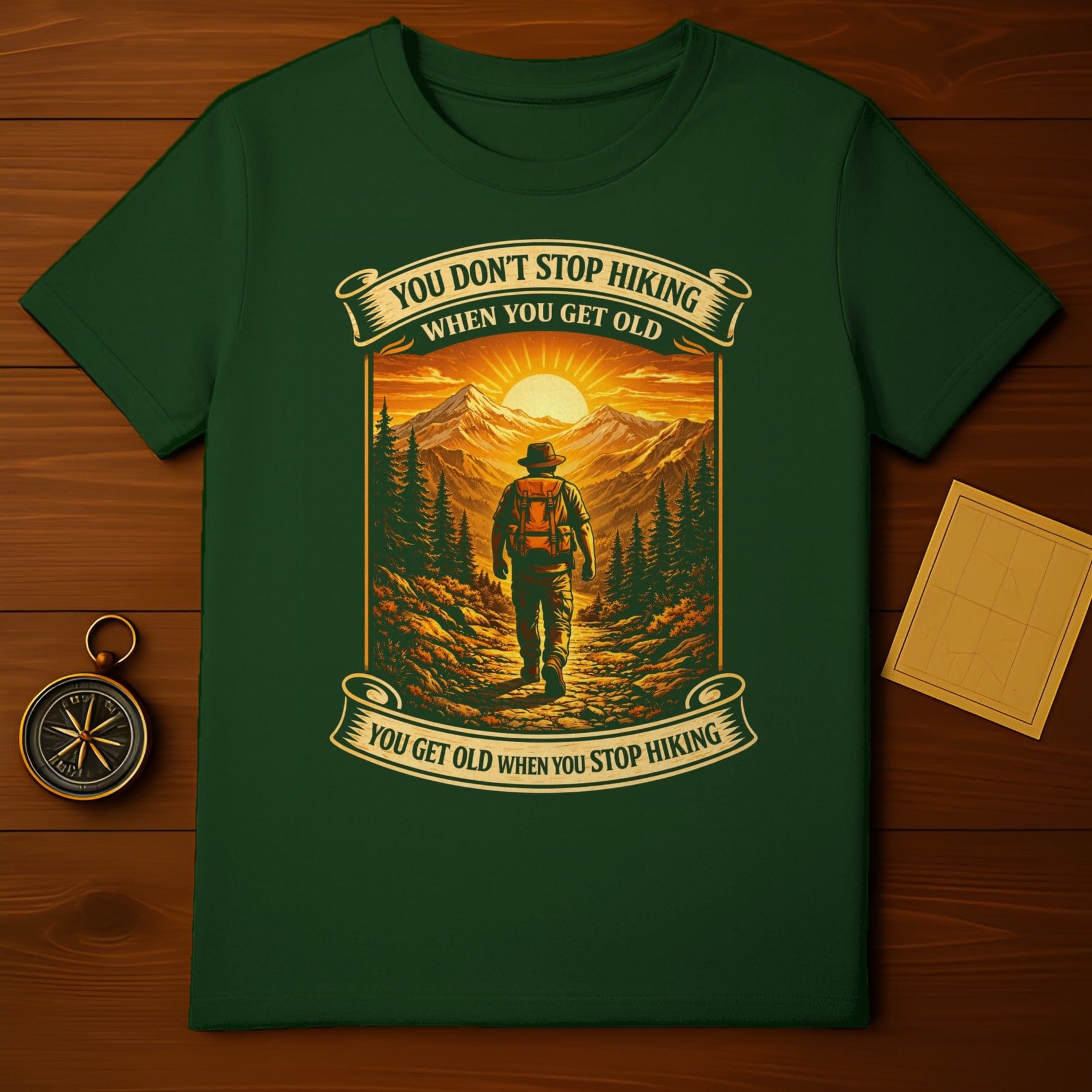 You Don't Stop Hiking When You Get Old Mountains Forest T-Shirt
Hiking
Mountains
Forest
Outdoors
Adventure
Nature
Sunset
Sunrise
Hiker
Quote
Trail
Explore
Traveller
Vintage art
Graphic tee
Backpacking
Wilderness
Camping
Green shirt
Old age wisdom