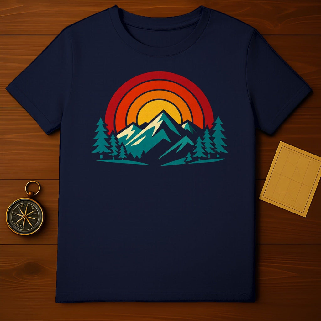 Stunning Sunset Mountain Scene on Dark Blue T-shirt