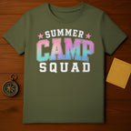 Olive green t-shirt with "SUMMER CAMP SQUAD" text in ombre and white font.
