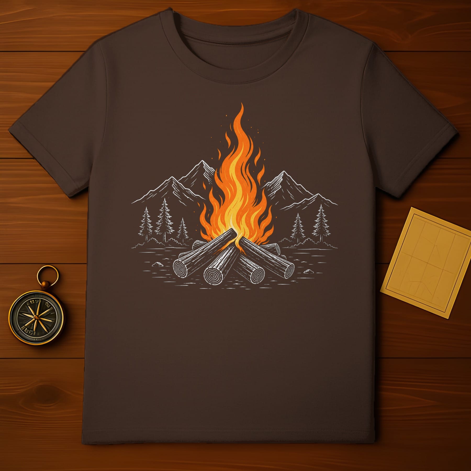 Campfire illustration with trees, mountains, and compass on brown t-shirt.
