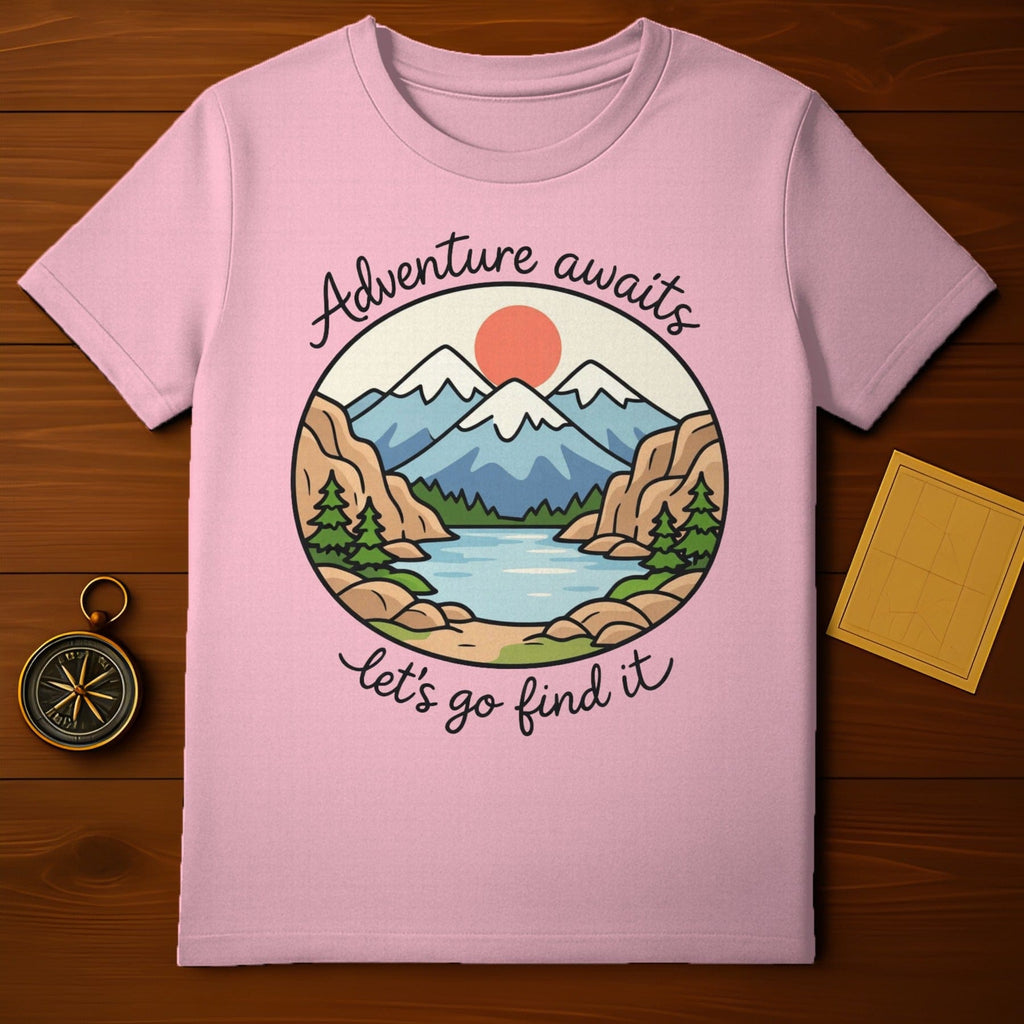 Adventure awaits let's go find it mountains lake nature product type
T-shirt
Apparel
Clothing
Mountains
Lake
Nature
Outdoor
Adventure
Explore
Travel
Wanderlust
Pink
Graphic tee
Scenic
Landscape
Sun design
Trees
Discovery
Compass
Map