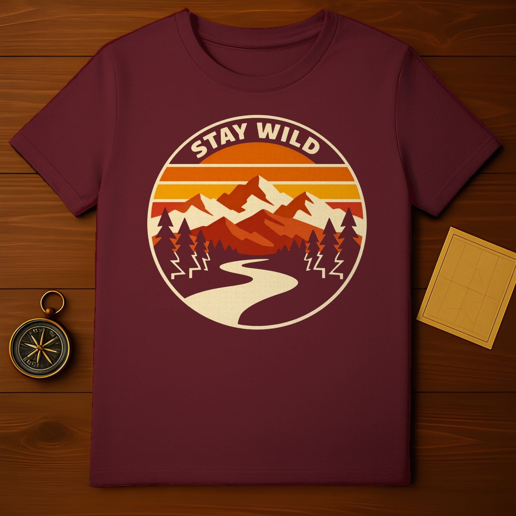 Stay Wild Mountain River Sunset Scene Tee product type