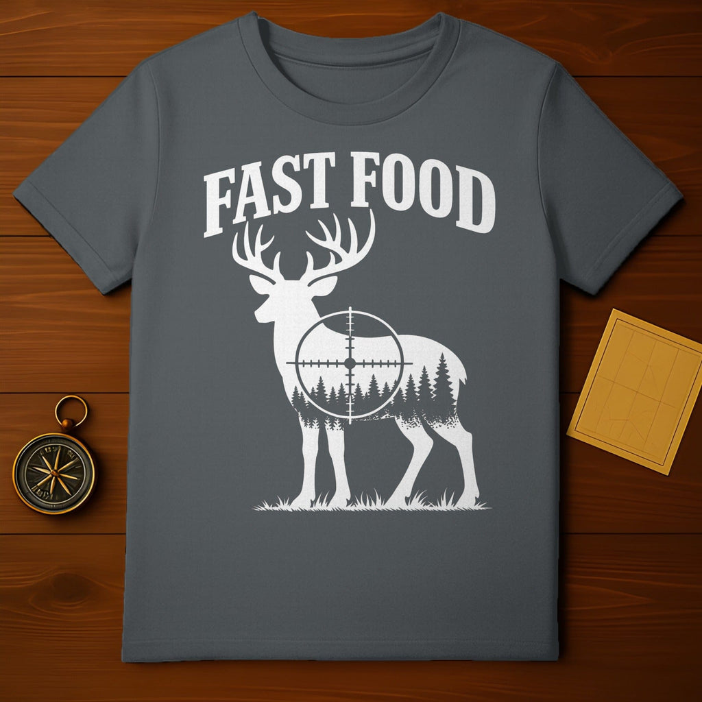 Fast Food Deer Target Graphic T-Shirt for Hunting Enthusiasts