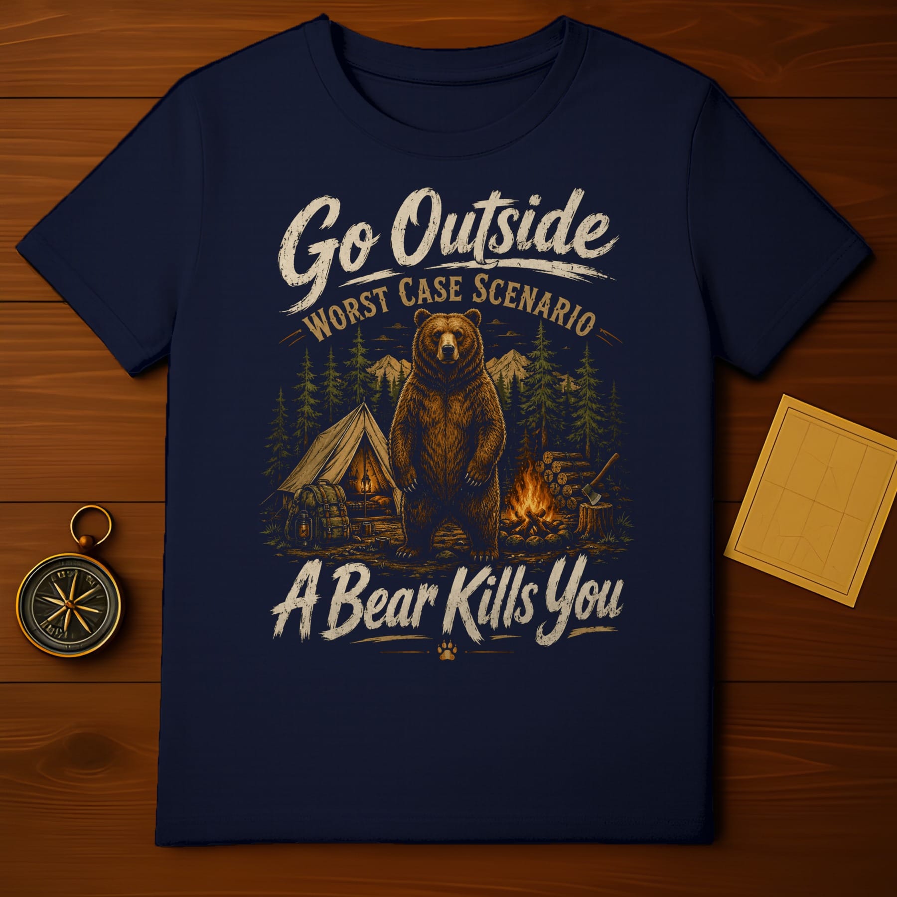 Navy t-shirt with "Go Outside Worst Case Scenario A Bear Kills You" text and bear graphic.