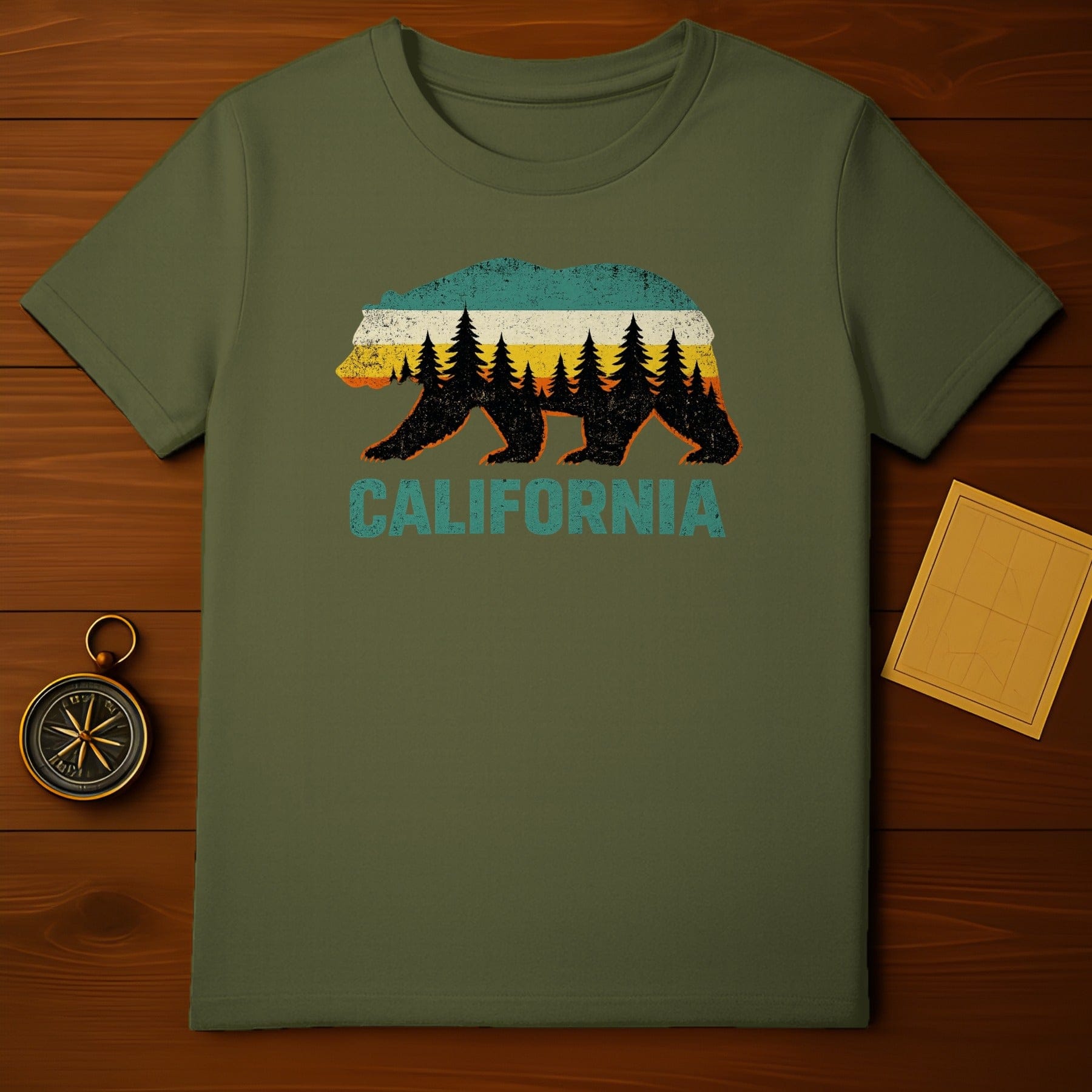 California Bear and Trees Graphic Design T-Shirt