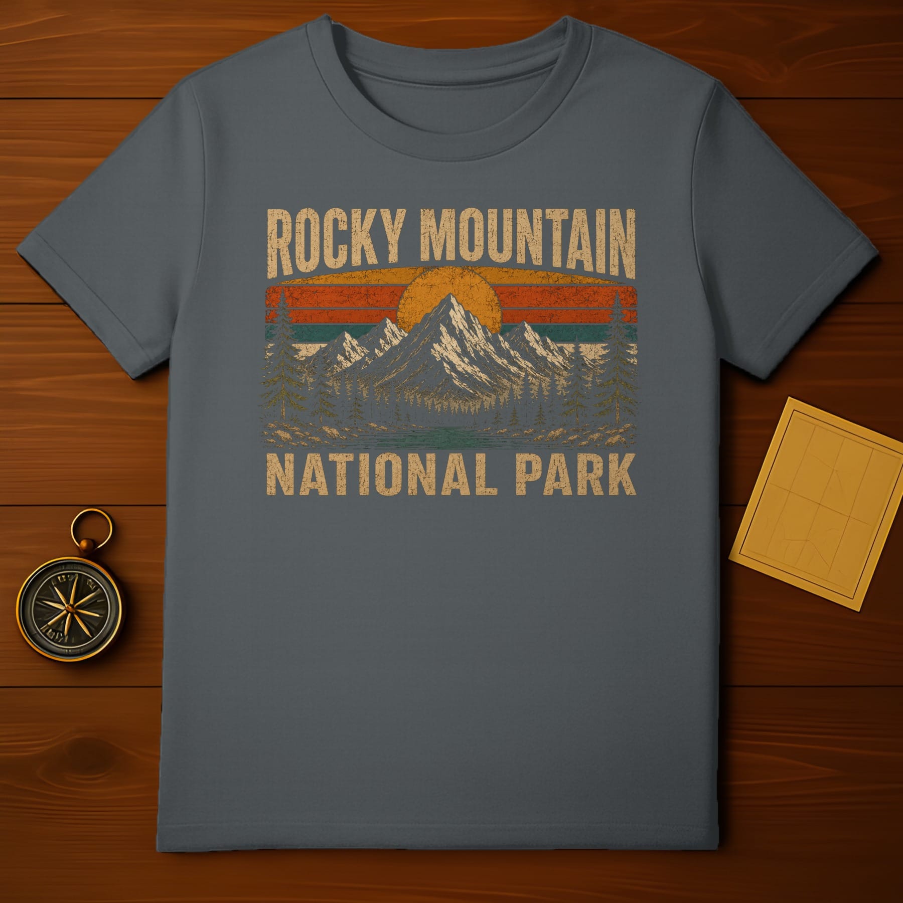 Grey t-shirt with "Rocky Mountain National Park" text and mountain graphic.