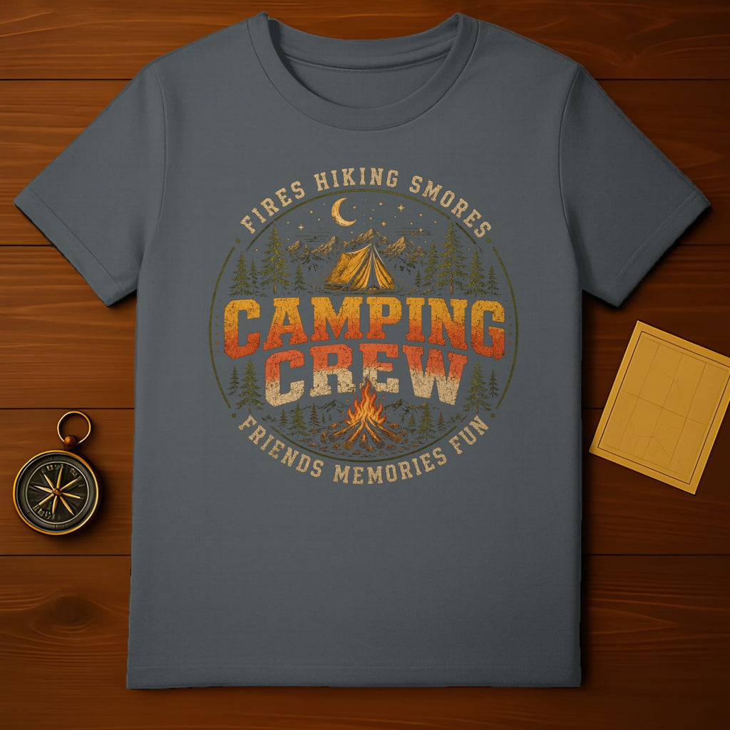 Camping Crew t-shirt with vintage graphic of tent, campfire, mountains, and trees.