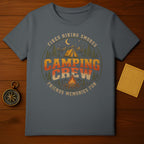Camping Crew t-shirt with vintage graphic of tent, campfire, mountains, and trees.