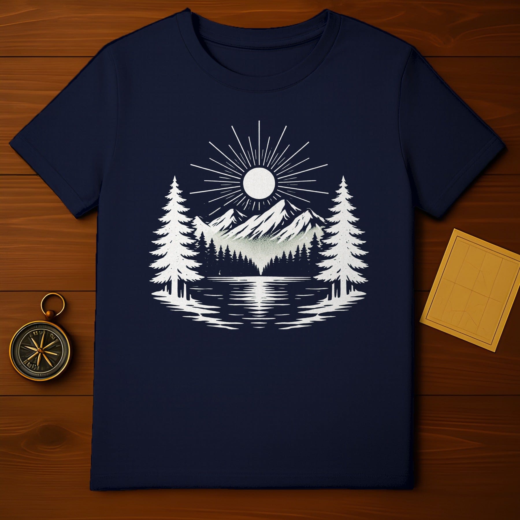 Mountain Sunrise Graphic Tee with Pine Trees Design