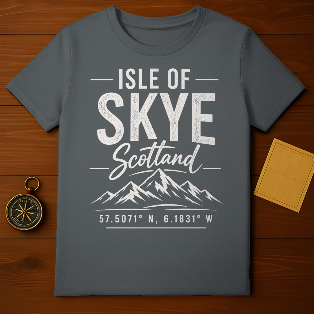 Dark gray t-shirt with "Isle of Skye Scotland" and coordinates.