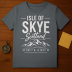 Dark gray t-shirt with "Isle of Skye Scotland" and coordinates.