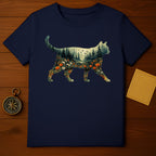 Enchanting Forest Cat Design on Dark Blue Shirt