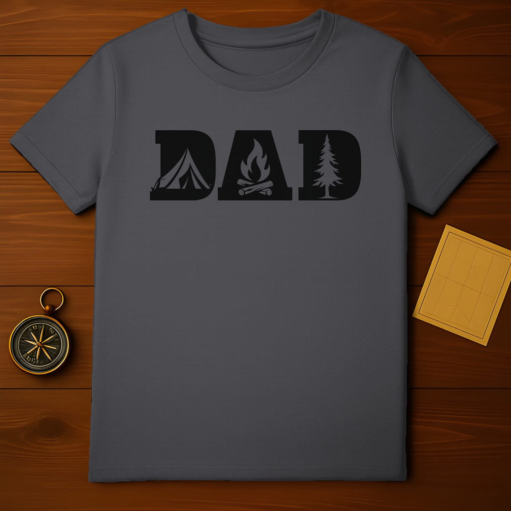 Gray t-shirt with "DAD" text featuring a tent, campfire, and tree graphic.