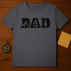 Gray t-shirt with "DAD" text featuring a tent, campfire, and tree graphic.