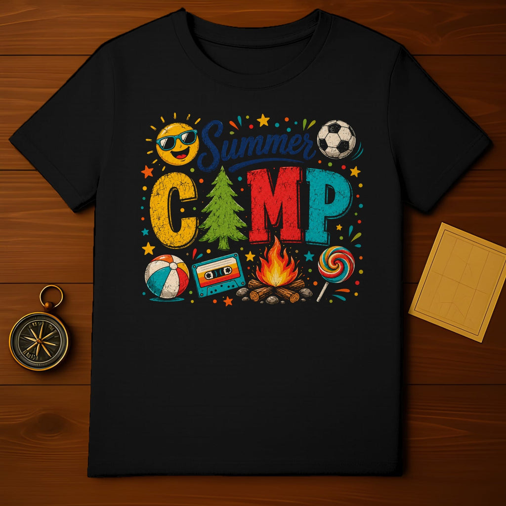 Black t-shirt with "Summer Camp" graphic featuring sun, soccer ball, and camping icons.