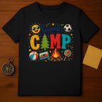 Black t-shirt with "Summer Camp" graphic featuring sun, soccer ball, and camping icons.