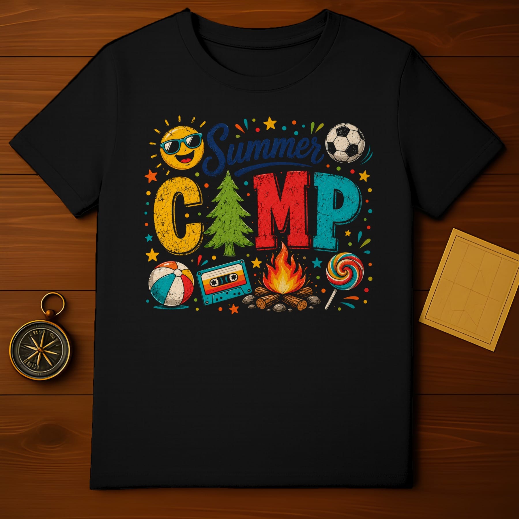 Black t-shirt with "Summer Camp" graphic featuring sun, soccer ball, and camping icons.