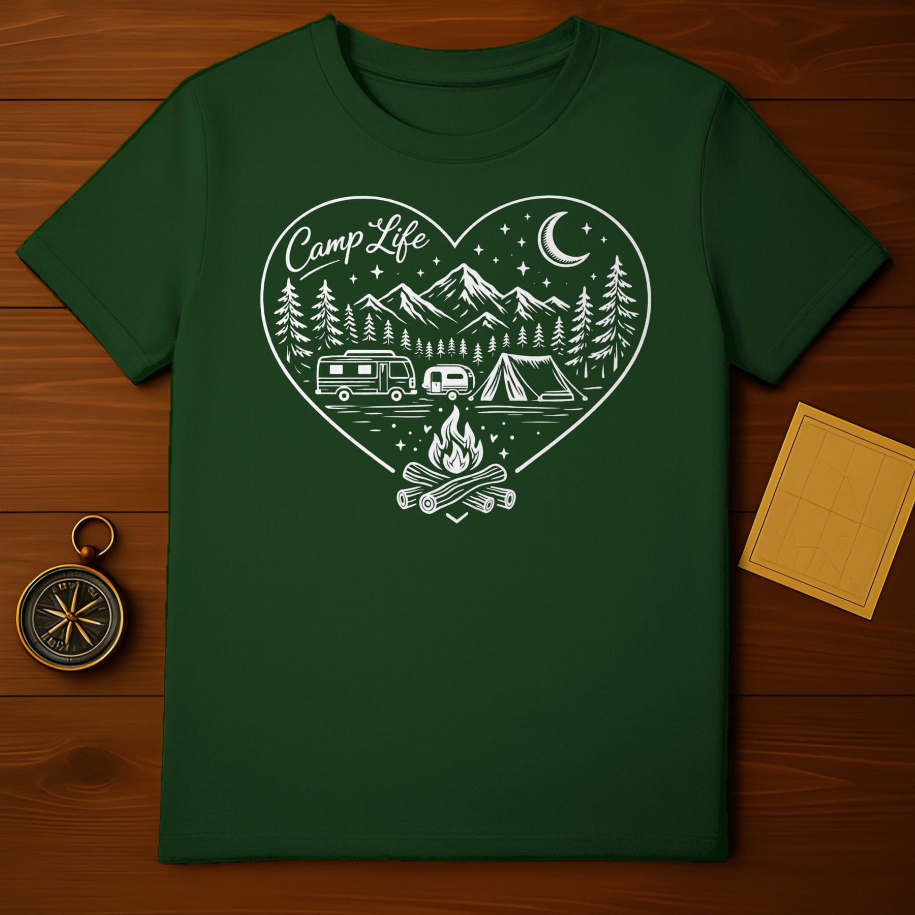 Camp Life Heart Design Green Camping Shirt for Nature Lovers