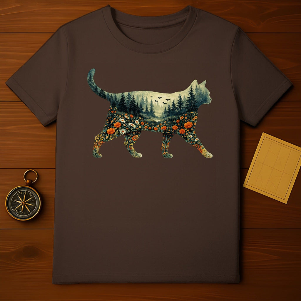 Scenic Cat Design With Forest and Flowers T-shirt