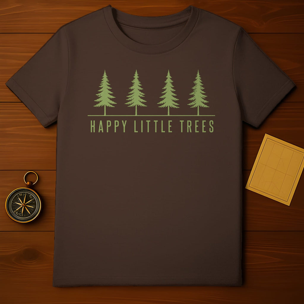 Brown t-shirt with "HAPPY LITTLE TREES" text and green pine trees graphic.
