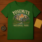 Green t-shirt with a vintage Yosemite National Park graphic.