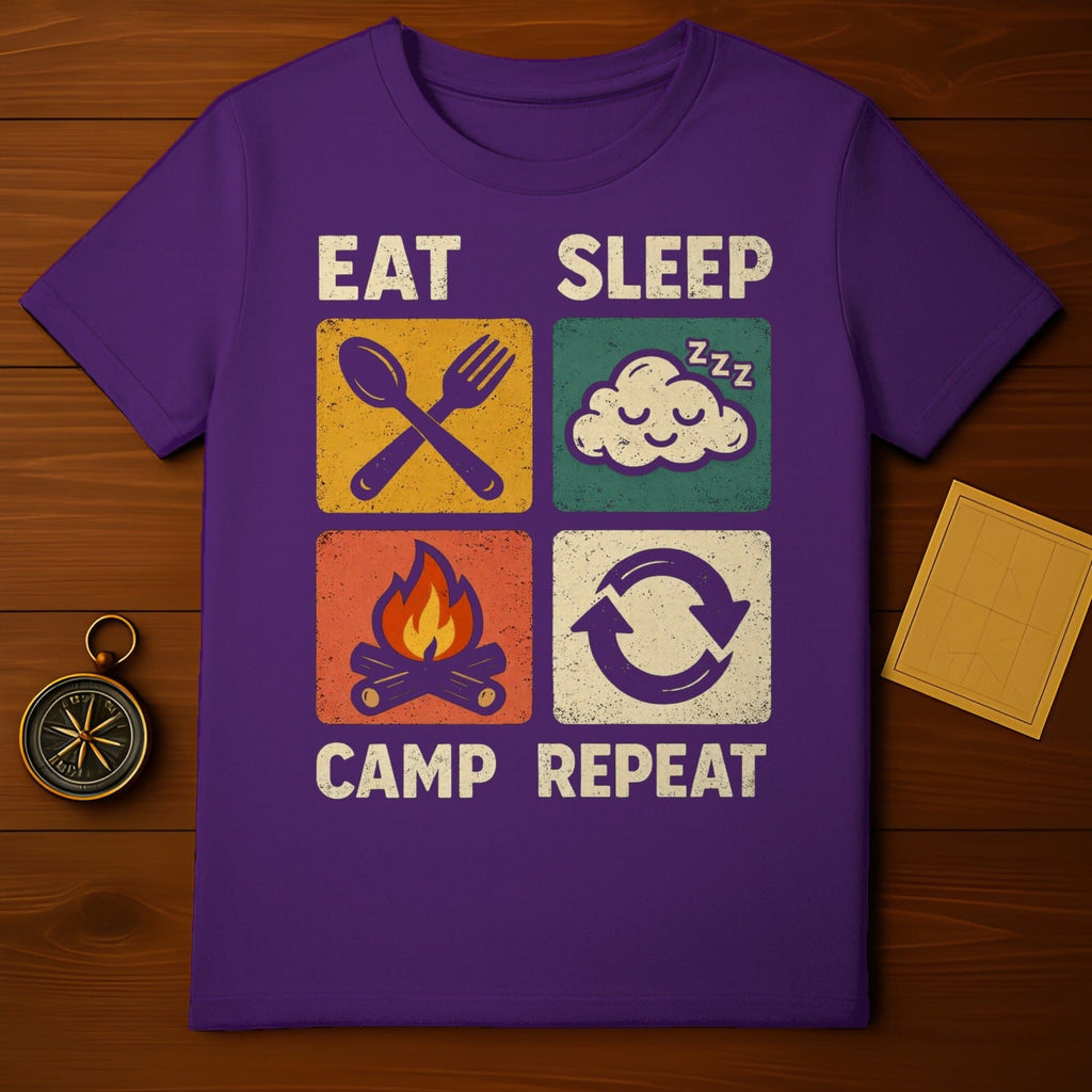 Eat Sleep Camp Repeat Outdoor Camper Lifestyle product type
Eat Sleep Camp Repeat, Camping Life, Outdoor Adventure, Camper Gear, Campfire Fun, Nature Lover, Wilderness Explorer, Retro Camping, Vintage Style, Graphic Tee, Outdoor Enthusiast, Hiker Gift, Travel Apparel, Sleep Eat Repeat, Purple Top, Recreational Wear, Forest Lover, Camp Vibes, Glamping Style, Adventure Time