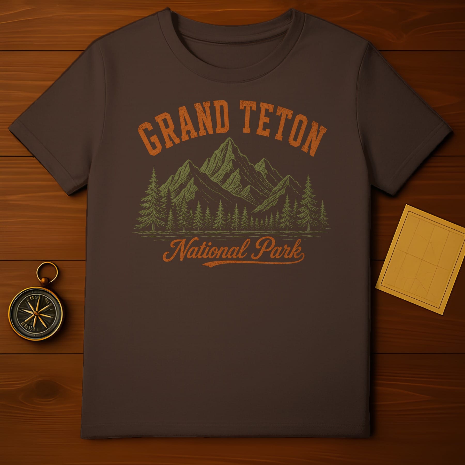 Brown t-shirt with "Grand Teton National Park" text and mountain graphic.