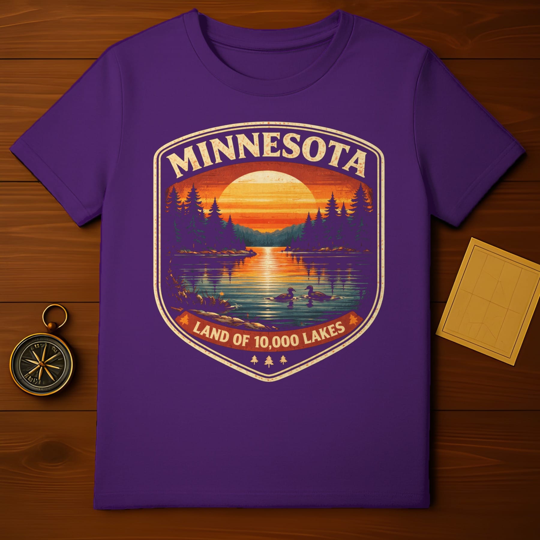 Purple t-shirt featuring a Minnesota landscape graphic with a sunset and lake.