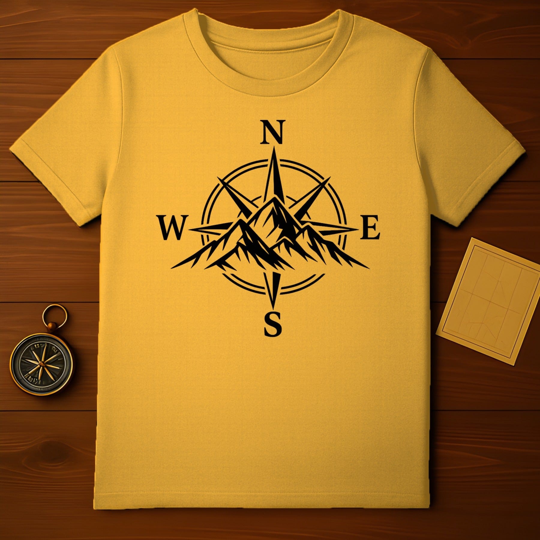 Detailed Compass and Mountain Design T-Shirt