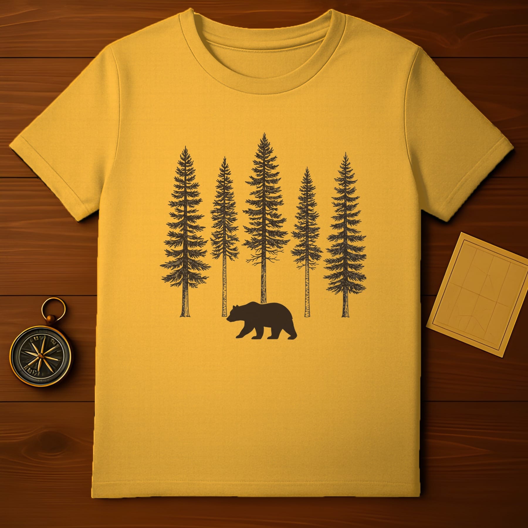 Forest Bear Graphic T-Shirt with Trees Silhouette Design
