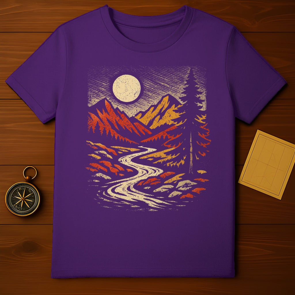 Vintage Mountain Sunset Scene on Purple T-Shirt