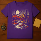 Vintage Mountain Sunset Scene on Purple T-Shirt