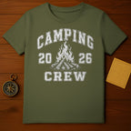 Green t-shirt with "Camping 20 26 Crew" and a campfire graphic.