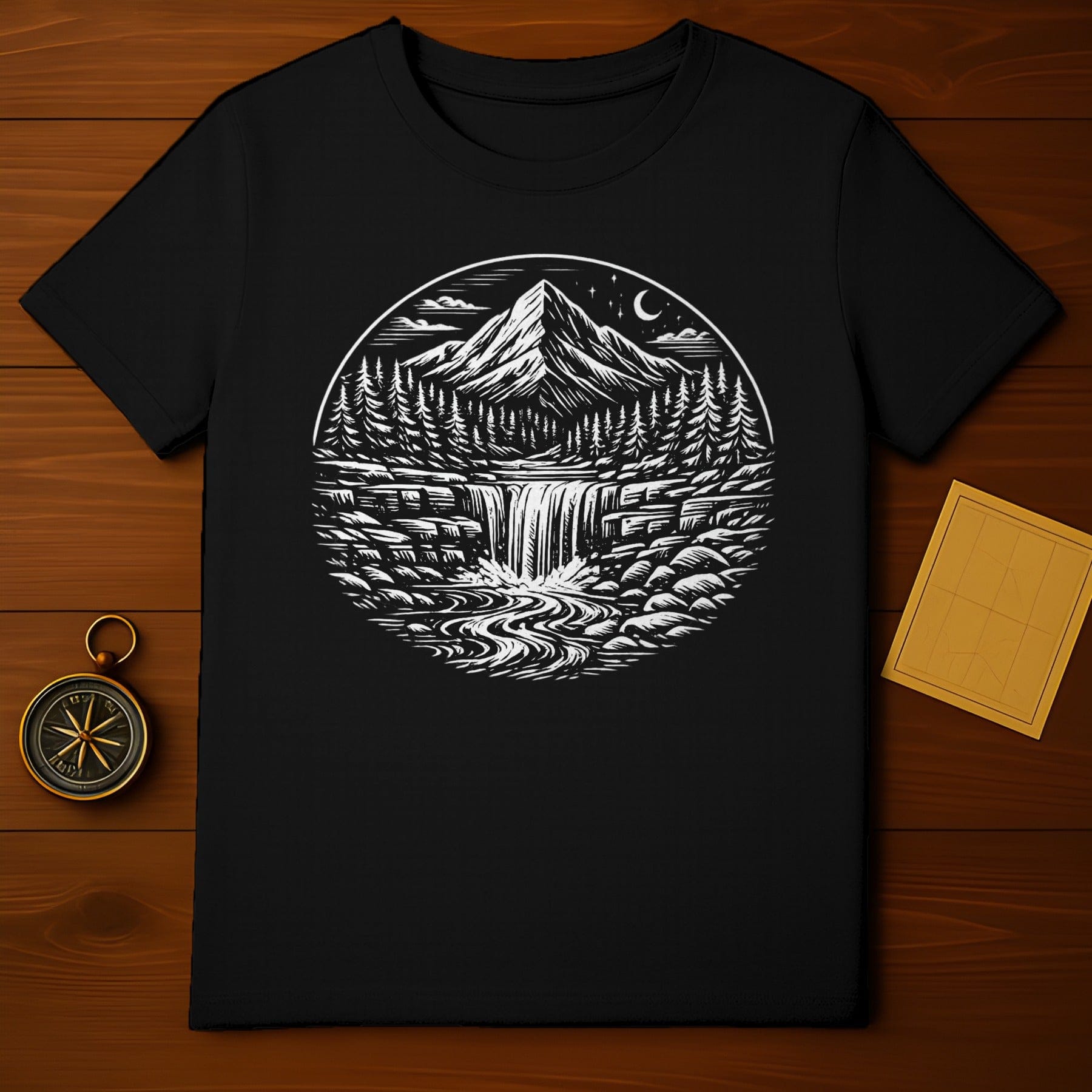Majestic Mountain and Waterfall Night Scene Shirt