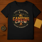 Black t-shirt with "Camping Crew" graphic, featuring mountains, tent, campfire, and trees.