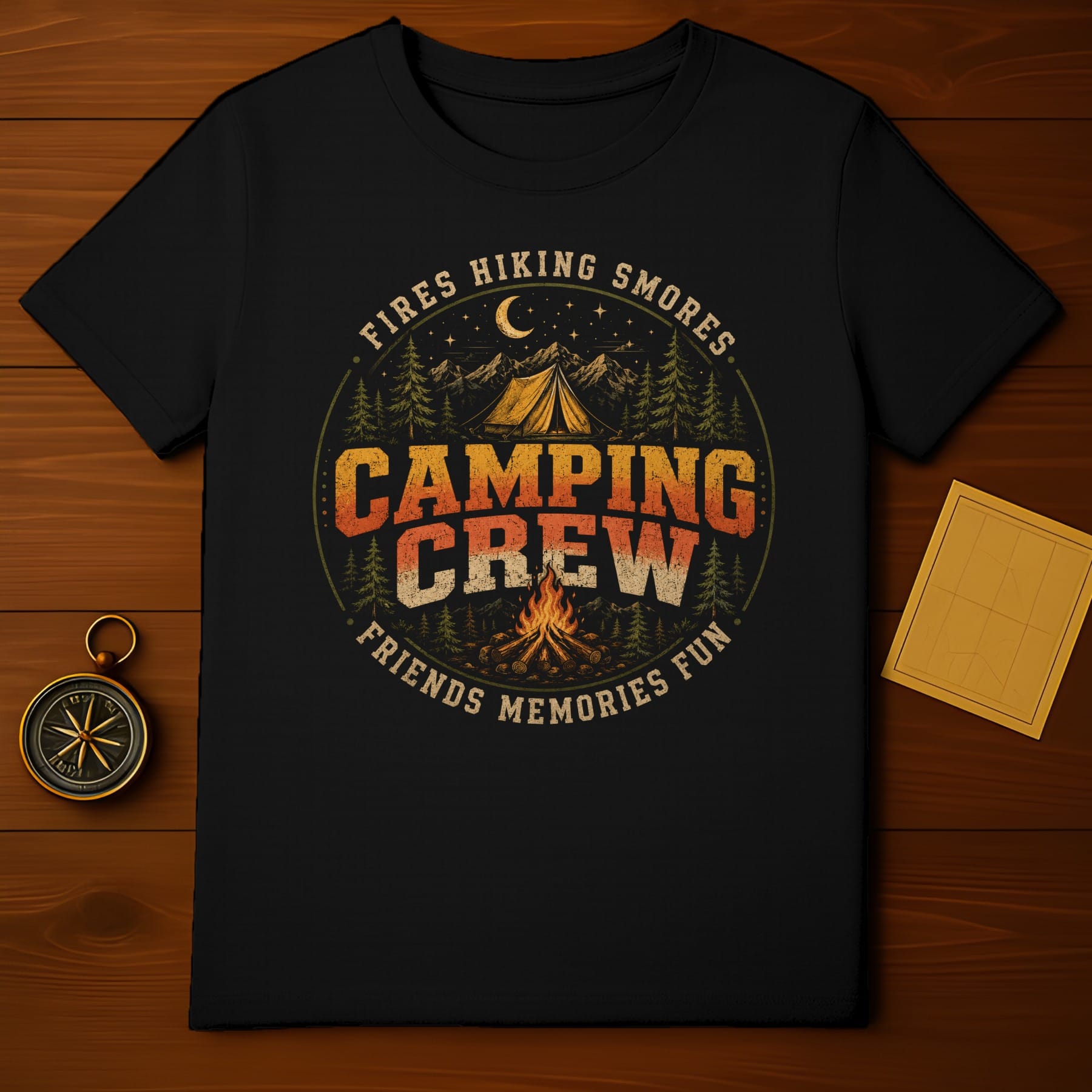 Black t-shirt with "Camping Crew" graphic, featuring mountains, tent, campfire, and trees.