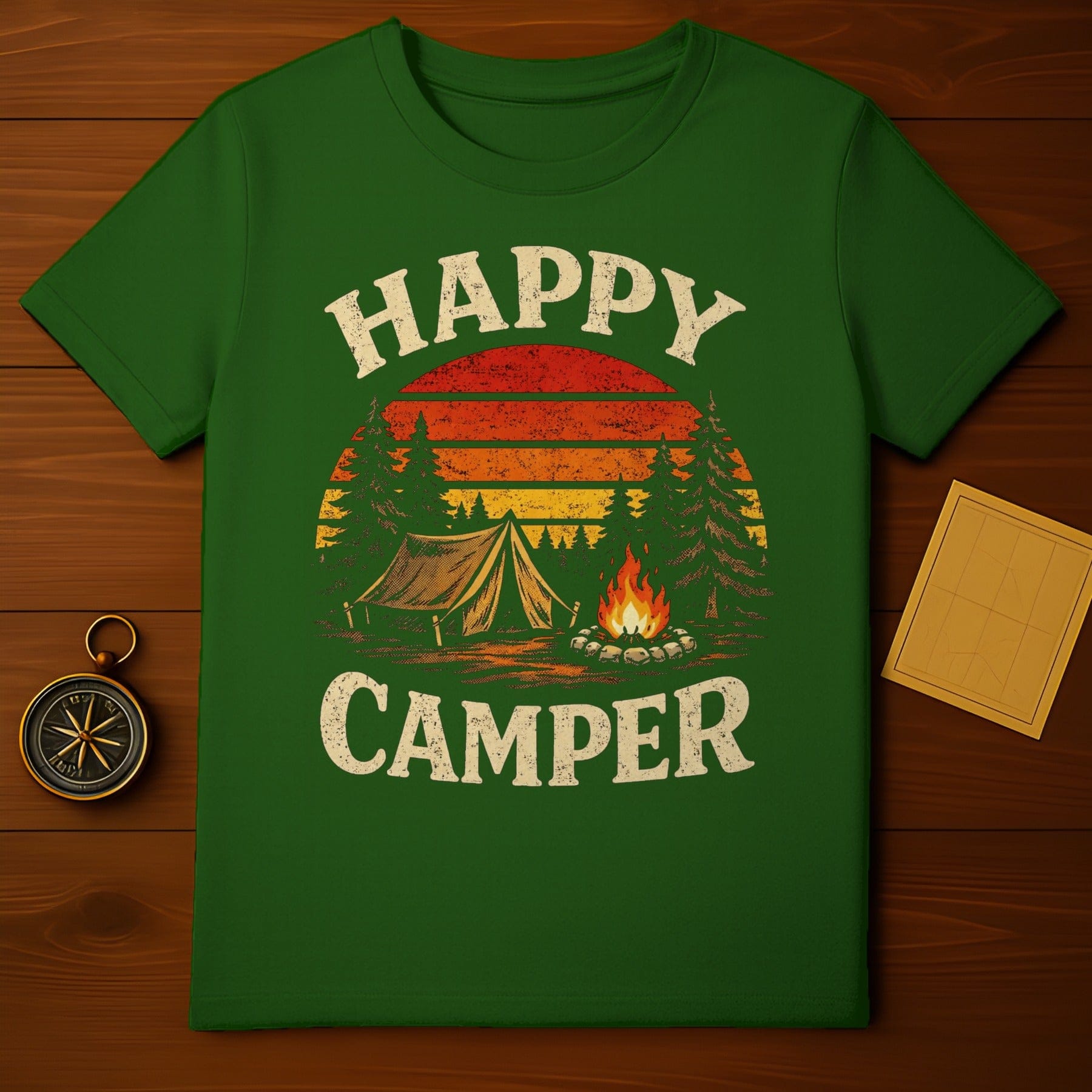 Happy Camper Sunset Campfire Shirt for Outdoor Enthusiasts