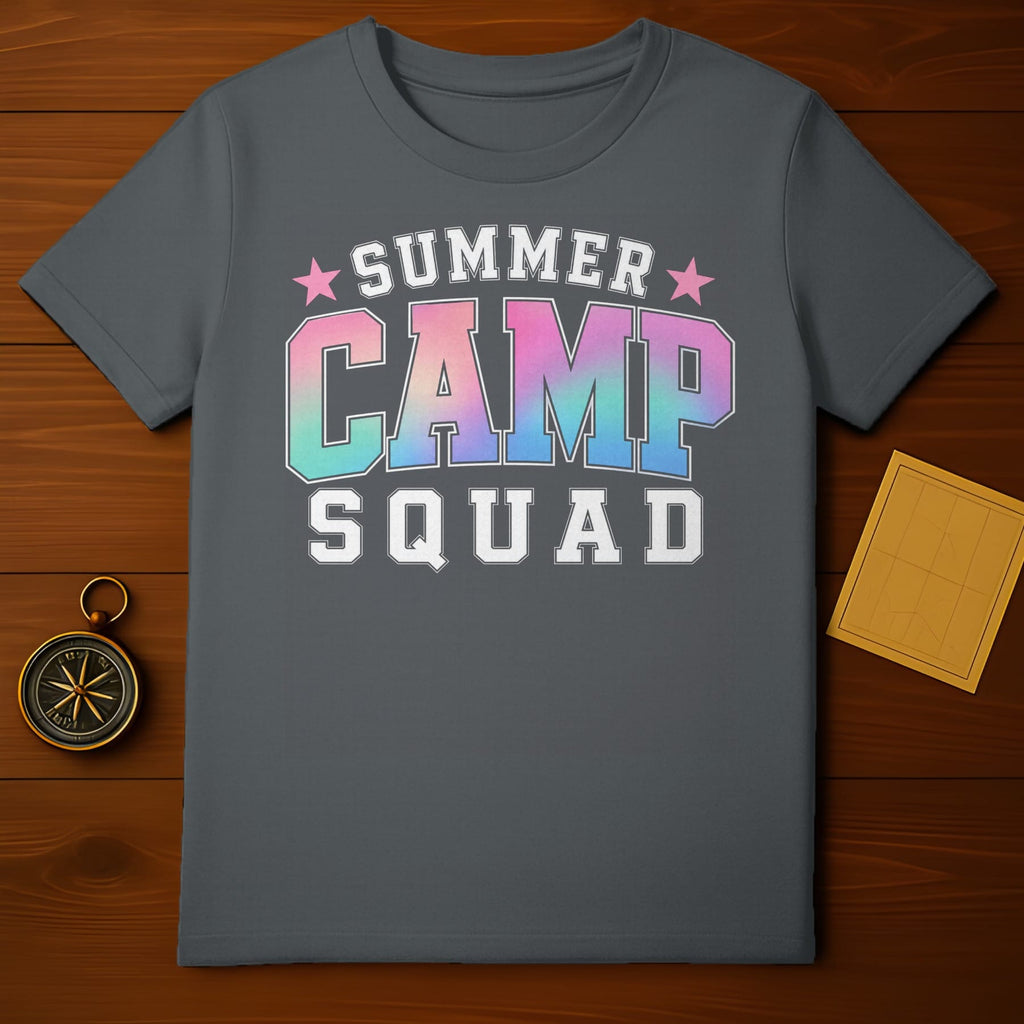Gray t-shirt with "Summer Camp Squad" text in colorful letters.