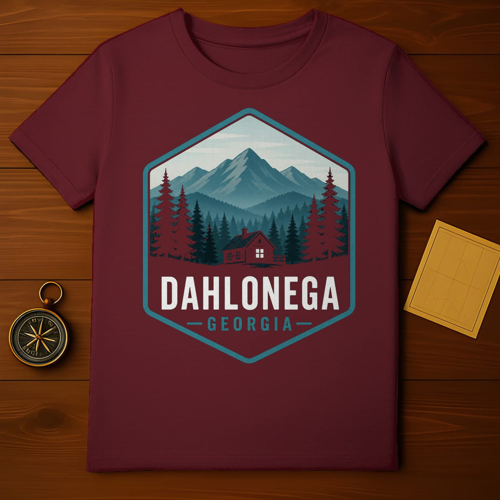 Maroon t-shirt with a geometric design featuring a cabin, trees, mountains, and "Dahlonega Georgia" text.